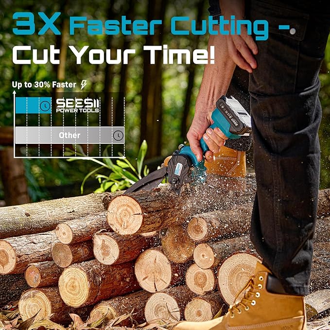 SEESII Mini Chainsaw 6 inch,Cordless Chainsaw w/ 2x2000mAh Batteries,Oiler System & Replacement Chain,Handheld Electric Chain Saw w/Safety Lock,Battery Powered Chainsaw for Wood Tree Cutting, CH600+