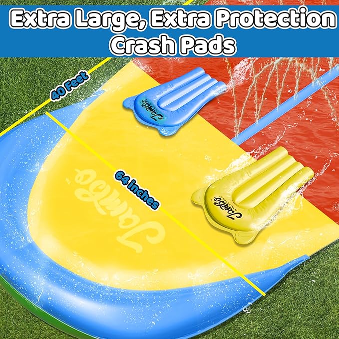 JAMBO 40Ft 3XL Mega Slip Splash and Slide and 2 Bodyboards, Heavy Duty Water with Inflatable Crash Pad, Slide Splash Mat Outdoor Water Sprinkler Splash Mat n Backyard Water Toys