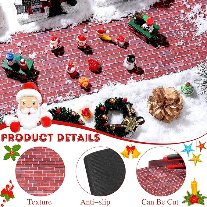 Marspark Christmas Village Accessories 5 x 50 Inch Christmas Miniature Road Village Street Mat Xmas Snow Street Decorations for Little Landscape(Red Brick Style)