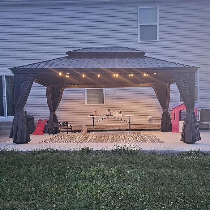 PURPLE LEAF 13' X 17' Hardtop Gazebo Aluminum Gazebo with Galvanized Steel Double Roof for Patio Lawn and Garden, Curtains and Netting Included Grey