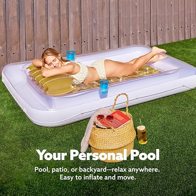 SLOOSH Inflatable Tanning Pool Lounger Float, 85" x 57" Extra Large Pool Floats Adult with Pillow, 4 in 1 Suntan Tub Raft Floatie,Sunbathing Bed Lounge for Water Blow Up Ball Pit, XL-Golden White