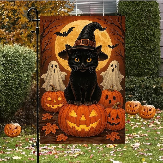 Garden Flags 12x18 Inch Halloween Black Cat Garden Flag Witch Hat Pumpkin Ghosts Double-Sided Spooky Fall Yard Decorations for Outdoor Porch Lawn Welcome Sign Holiday Banner