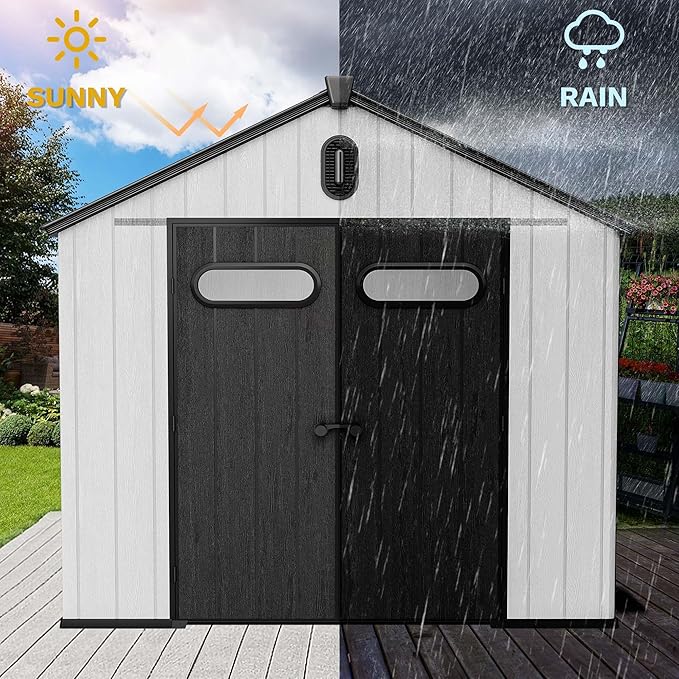DWVO 8x8 FT Outdoor Storage Shed, 427 cuft Large Plastic Storage Shed with Floor & Lockable Door, Outside Tool Garden Shed with Windows & Vents for Patio Furniture, Lawn Mower, Bike, Black&Gray