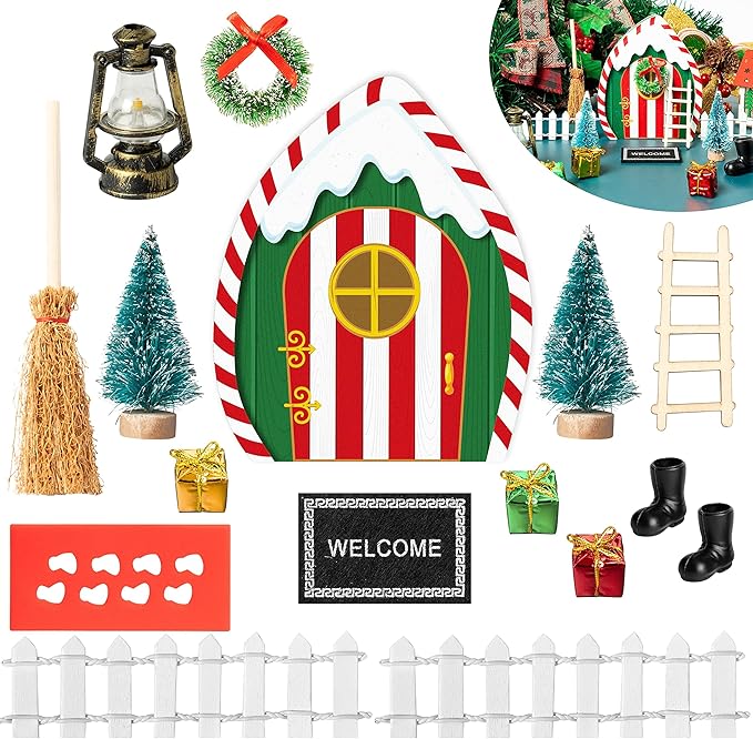 Haooryx Christmas Elf Garden Miniatures - 16Pcs Christmas Wooden Miniature Magic Fairy Doors Decoration Kit Elf Magic Door Wall Fairies Xmas Winter Xmas New Year Decor(Dripping Snow Doorframe)