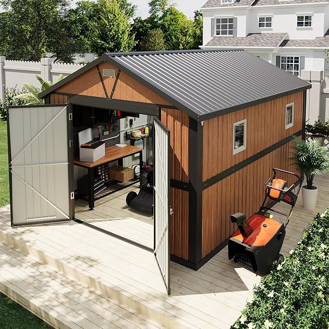 10x12 FT Outdoor Storage Shed, Garden Metal Shed with Lockable Doors & Window, Large Tool Shed for Backyard, Patio & Lawn
