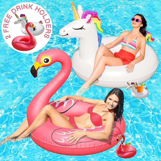 JAMBO Unicorn and Flamingo Pool Floats- 2 Pack with 2 Drink Holder Floats, Large Flamingo and Unicorn Tube Float, Adult & Teens, Inflatable Tanning Pool Toys, Tanning Pool Float, Tanning Float