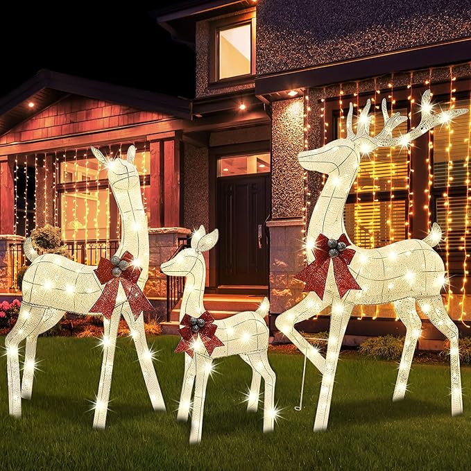 Lulu Home Set of 3 Pre-lit White Reindeer with 210 LEDs Warm White Lights, 3D Light Up Glittered Standing Reindeer Family for Xmas Lighted Holiday Display Indoor Outdoor