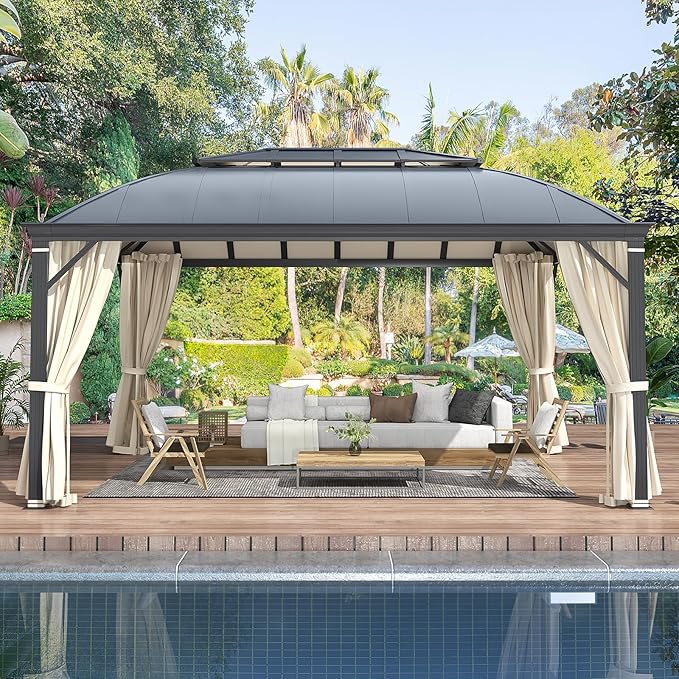 YOLENY 12'x16' Hardtop Gazebo, Permanent Outdoor Aluminum Patio Gazebo with Aluminum Composite Double Arc Roof for Patio Lawn and Garden, Curtains and Netting Included