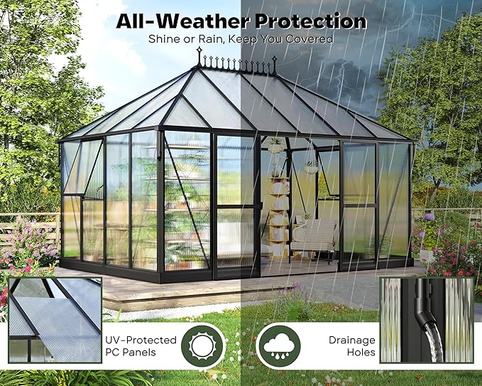 14×9.7×10 FT Greenhouse for Outdoors with 6 ft Double Swing Door & 2 Vents, Heavy Duty Green House with Aluminum Frame for Outside Patio Backyard Garden
