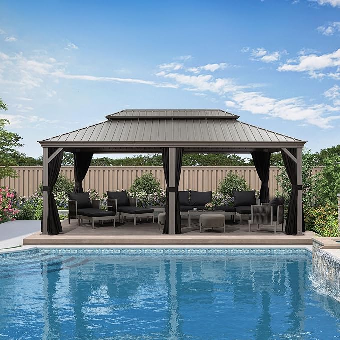 PURPLE LEAF 12' x 20' Permanent Hardtop Gazebo with Galvanized Steel Double Roof and Aluminum Frames Outdoor Large Pavilion Gazebo for Patio Deck Garden, Netting and Curtains Included, Light Grey
