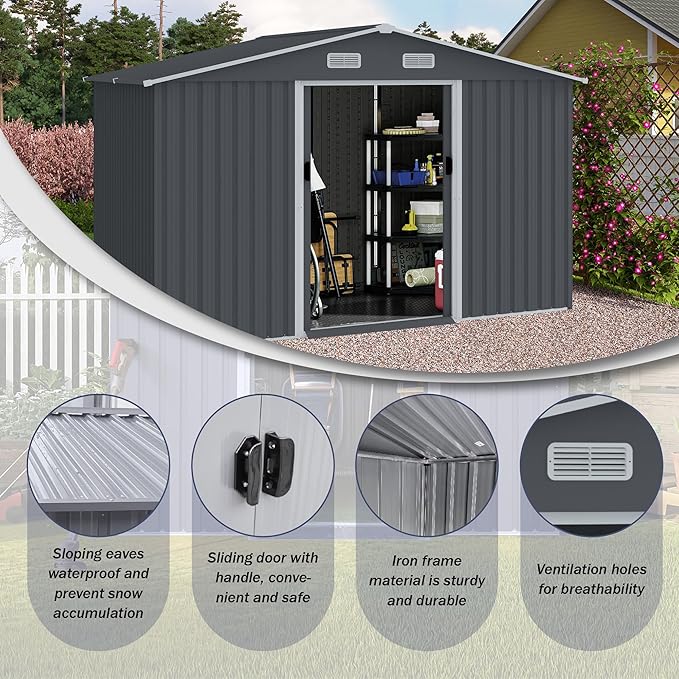 8x10 FT Outdoor Tool Shed, Metal Garden Shed with Sloped Roof, Corrosion-Resistant, UV-Protected Steel Storage for Backyard, Lawn, Garden Tools, Easy Assembly