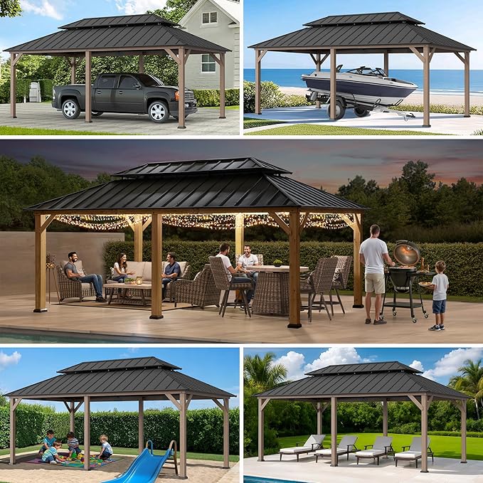 SUNJOY 12 x 20 ft. Wood Gazebo, Outdoor Patio Cedar Framed Wooden Hardtop Gazebo with 2-Tier Metal Roof, Suitable for Patios, Lawn, and Backyard, Dark Brown Roof + Dark Wood Frame
