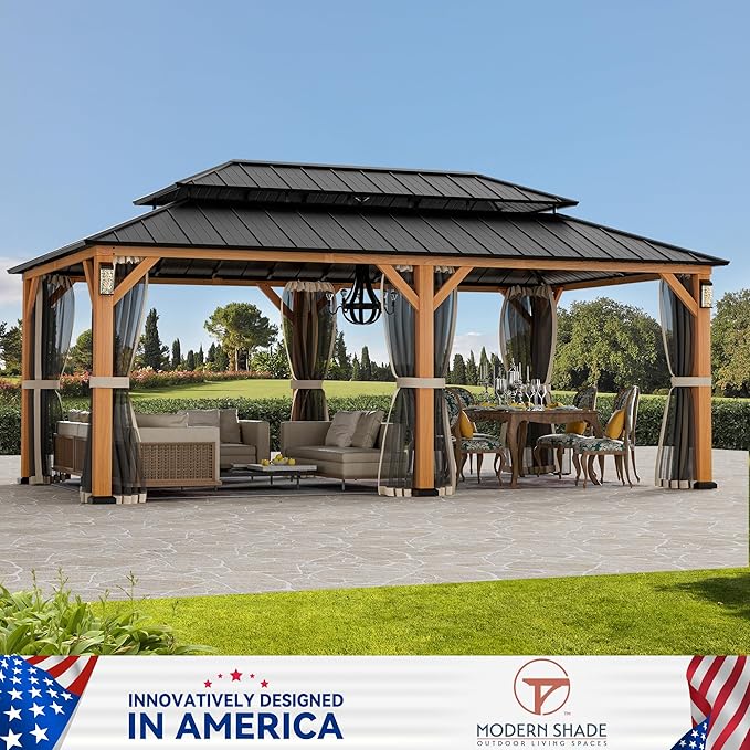 Modern Shade The Horizon Hardtop Gazebo 12' x 20' with 4 LED Lights, Permanent Outdoor Gazebo with Galvanized Steel Double Roof, Grill Pavilion with Decor Hooks, Mosquito Nettings, Wood-Looking