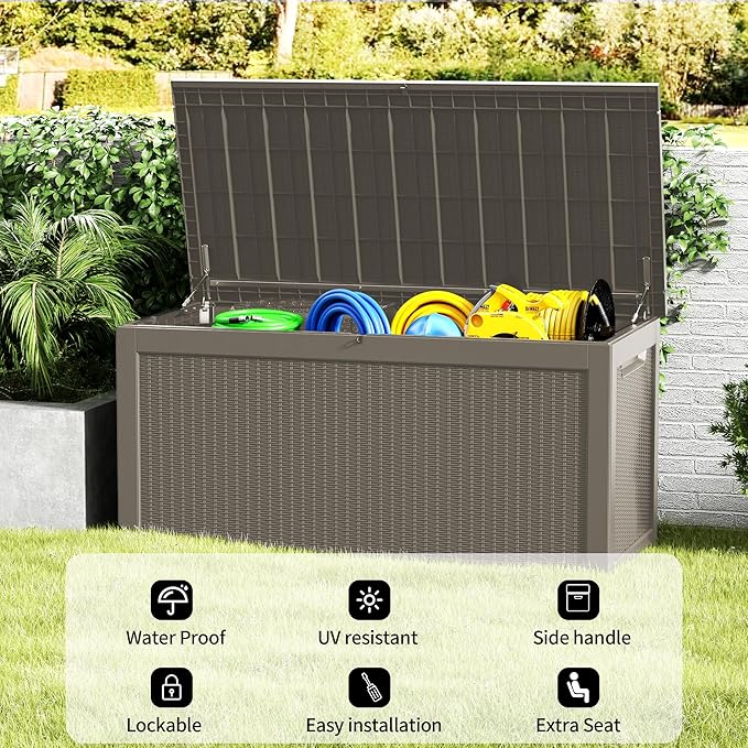 270 Gallon Deck Box, Resin Outdoor Indoor Waterproof Storage Box, Lockable Storage Box With Handle for Patio Furniture - Garden Tools - Swimming Pool Tools UV-Resistant, Grey