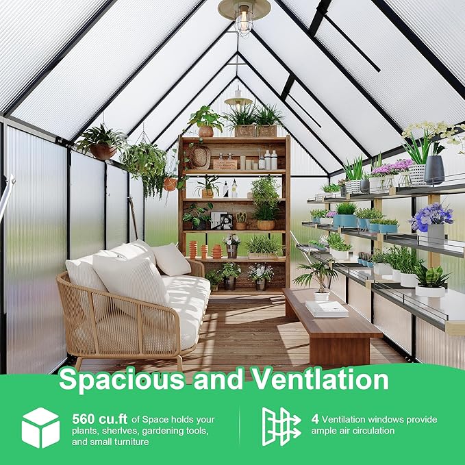 6'x9' Aluminum-Framed Polycarbonate Greenhouse, Heavy Duty Polycarbonate Greenhouse with Quick Setup Structure and Roof Vent, Large Enhanced Aluminum GreenhouseKit for Outdoors
