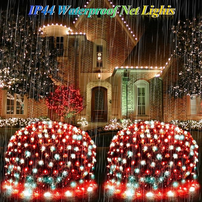 Christmas Net Lights Red & White, 14.8ft x 5ft 300LED Mesh Lights Outdoor Green Wire 8 Modes Timer, Waterproof Connectable String Lights for Bushes Xmas Tree Garden Holiday Party Decor
