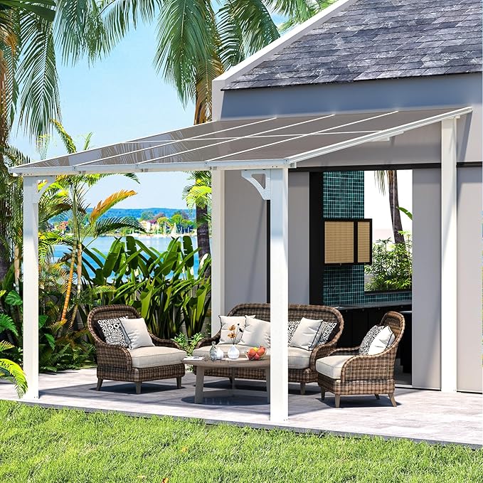 AECOJOY 8' x 8' Pergola Gazebo in White, Small Wall Mounted Pergolas and Gazebos on Clearance, Outdoor Patio Lean to Gazebo Metal Awnings for Deck, Porch, Backyard and More