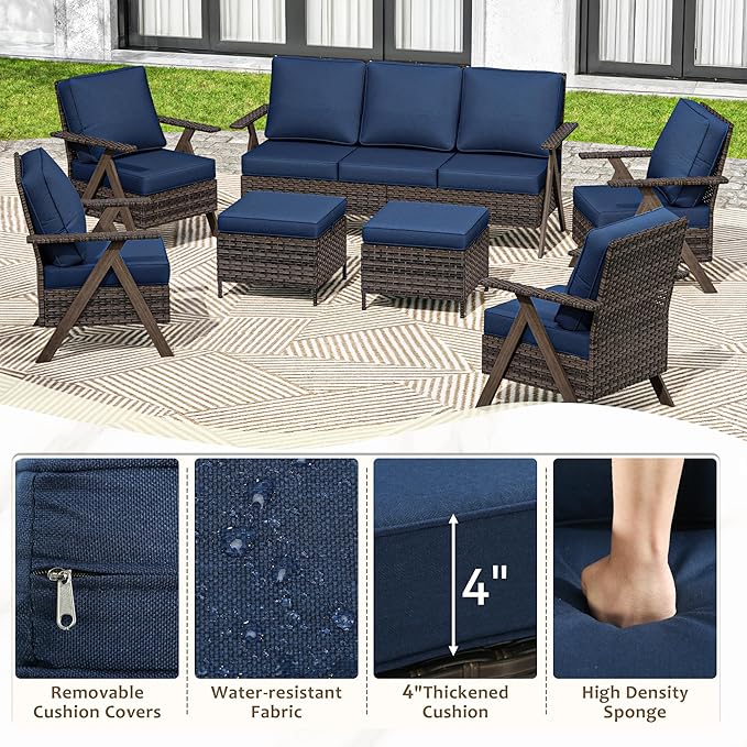 7 Pieces Patio Furniture Set,Outdoor Sofa & High Back Wicker Patio Chairs, Patio Conversation Set with Ottoman for Deck Yard and Poolside
