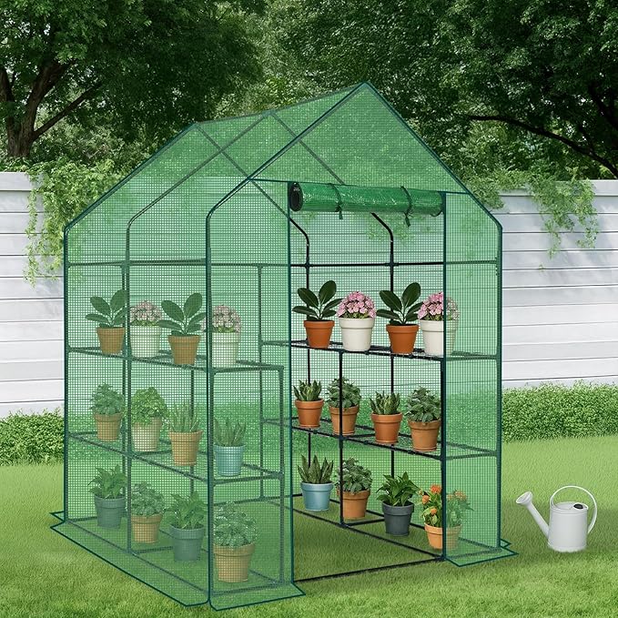 Outvita Walk-in Greenhouse, Outdoor Durable PE Plant Green House for Frost Protection with 3 Tiers 8 Shelves, Shelf Clips, Roll-up Zipper Door, 56"x56"x77" Green
