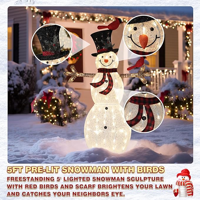 VEIKOU 5FT Snowman Outdoor Christmas Decorations, Lighted Snowman Christmas Decorations Outside, Outdoor Snowman with 90 LED Warm Lights, for Holiday Yard Indoor Porch Lawn