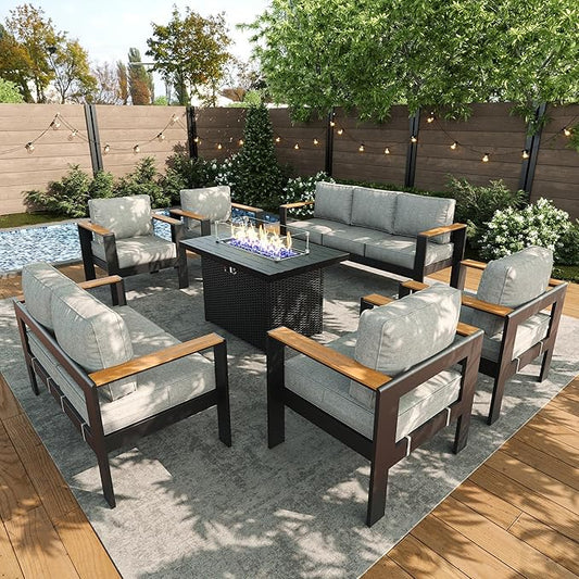 LayinSun 7 Piece Aluminum Outdoor Furniture Set with Fire Pit Table, Outside Patio Deep Seating Conversation Set with Upgraded Washable Thick Cushion
