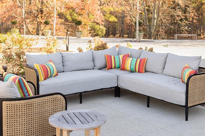 RSH Decor Lumbar Throw Pillows Set of 4 – 20″ × 12″ Outdoor Lumbar Cushions in Bright Stripes – All-Weather Spun Fabric, Water & Fade-Resistant – Made in USA for Patio Furniture