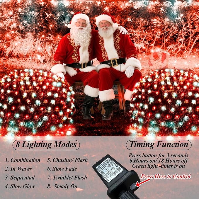 Christmas Net Lights Red & White, 14.8ft x 5ft 300LED Mesh Lights Outdoor Green Wire 8 Modes Timer, Waterproof Connectable String Lights for Bushes Xmas Tree Garden Holiday Party Decor