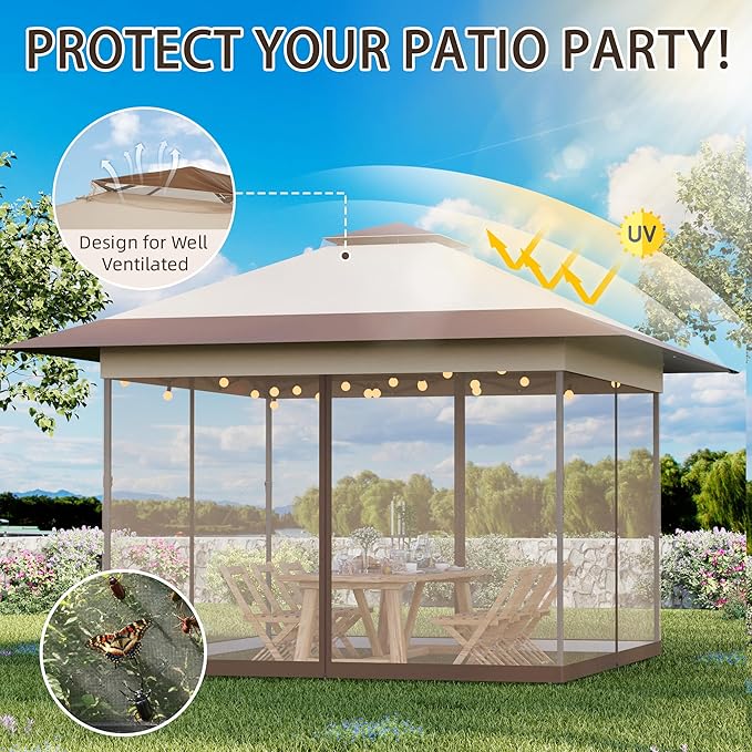 Bezseller 13x13 Pop Up Gazebo Tent with Mosquito Netting – Quick Set Up, Water-Resistant Outdoor Canopy for Patio, Garden, Backyard, and More,Khaki