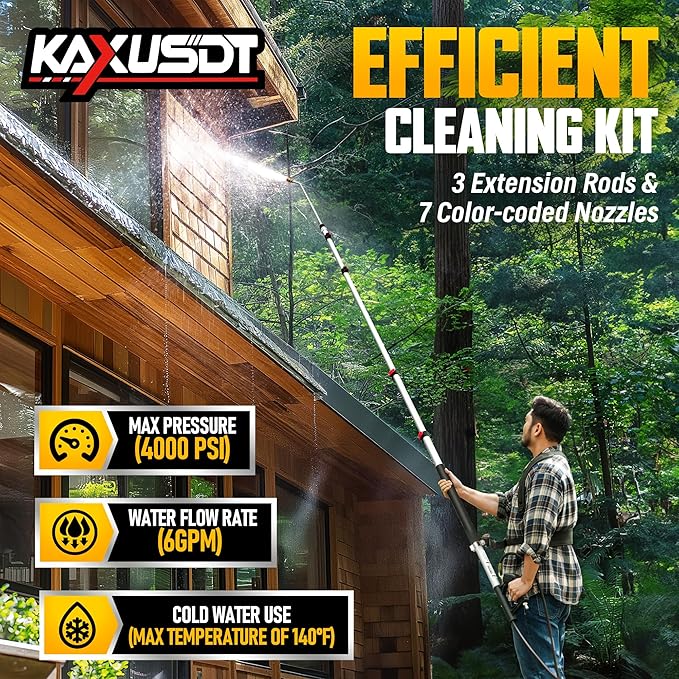 24FT Pressure Washer Telescoping Extension Wand, 𝟐𝟎𝟐𝟓 𝐔𝐩𝐠𝐫𝐚𝐝𝐞𝐝 High Power Accessories with Brush Head & 3 Wand, 7 Spray Nozzle Tips, 4000PSI Gutter Cleaning Tools for Wall Window Soffit