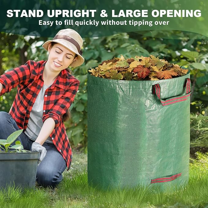 Reusable Yard Waste Bags, 72 Gallons Lawn and Leaf Bags Heavy Duty Garden Waste Bags with Reinforced Handles, 3 Pcs Foldable Leaf Collector Bag for Loading Garden Leaves, Trash - Green