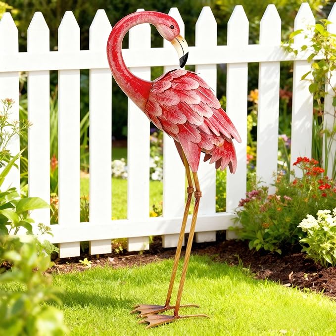 Shorayn Garden Statues Flamingo Sculptures Metal Yard Art, Pink Bird Art Outdoor Backyard Decor Patio Lawn Porch Ornament Flamingo Yard Decoration