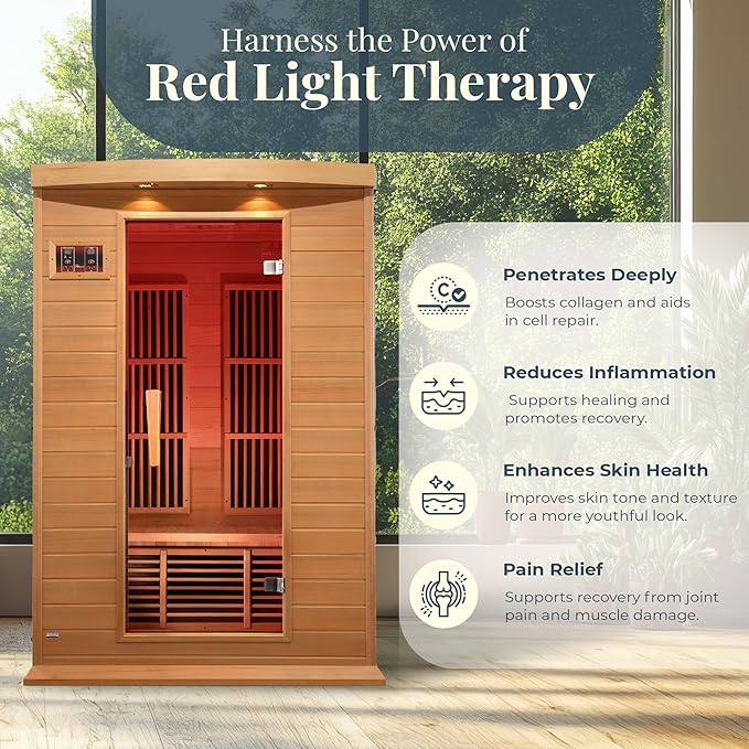 DYNAMIC SAUNAS 2-Person Low EMF FAR Infrared Sauna with Chromotherapy Lighting and Speakers, Maxxus Toulouse - Personal Indoor Dry Heat Sauna for Home & Gym – Made from Canadian Hemlock, 75"