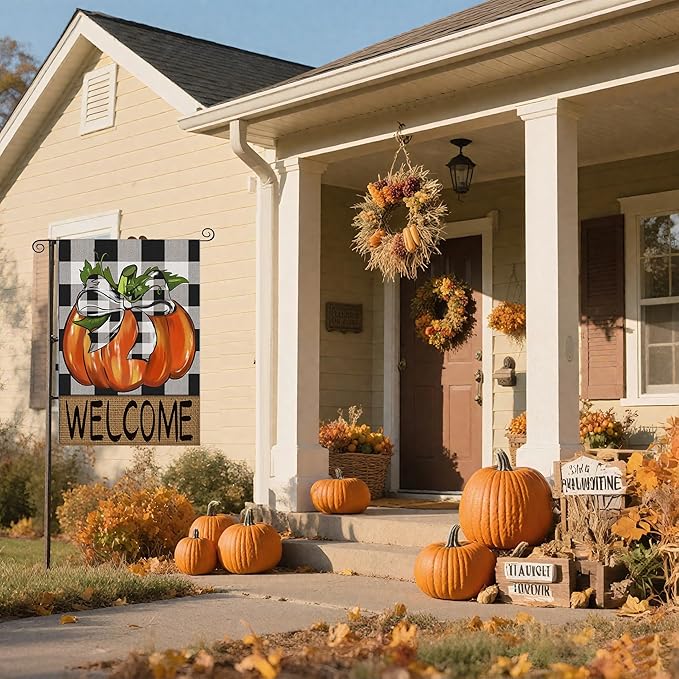 Garden Flags Set of 2 Incl. Fall Pumpkin Welcome Flag & Happy Halloween Garden Flag, Autumn Thanksgiving Holiday Harvest Burlap Yard Flag, Ghost Bats Decorations Outdoor, Double Sided 12x18 Inch