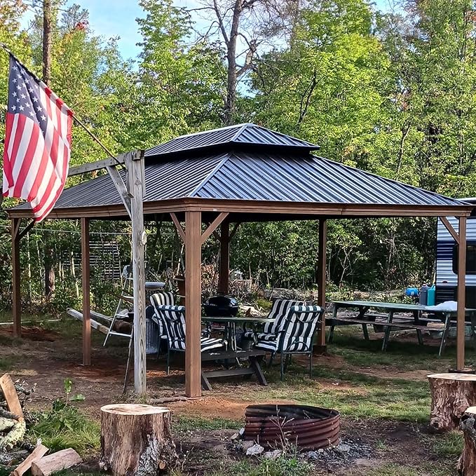 Domi 14' X 20' Hardtop Gazebo Large Outdoor Metal Gazebo with Galvanized Steel Double Roof Canopy, Wood Grain Aluminum Frame, Curtains and Netting for Patio, Deck, Garden