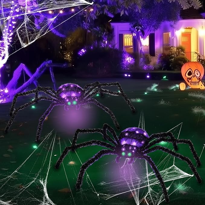 2 Pack 2.5Ft Giant Spider Halloween Decorations Outdoor 30" Light Up Spider with 30 LED Lights for Front Yard, Porch, Garden, Lawn, Halloween Party (Purple)