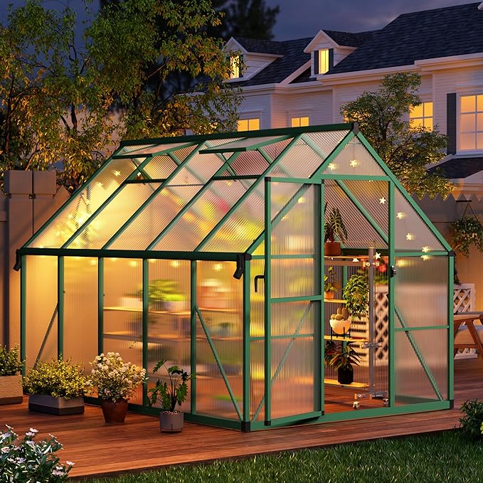 8x10 FT Outdoor Greenhouse, Polycarbonate Greenhouse with Roof Vent and Ground Nails, Aluminum Large Walk-in Green House w/Lockable Push Door for Outside Garden Backyard (Green, 8x10 FT)