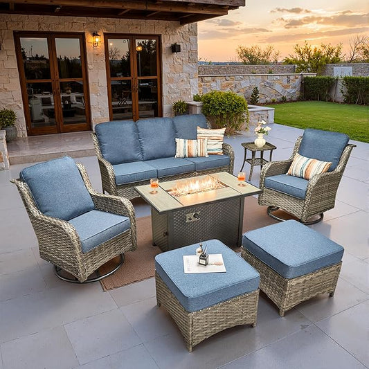 ovios 7 Pieces Patio Furniture Set, Outdoor Wicker Sofa Couch with Swivel Chairs 42" Fire Pit Table, High Back All Weather Modern Conversation Sets, Grey Rattan, Denim Blue