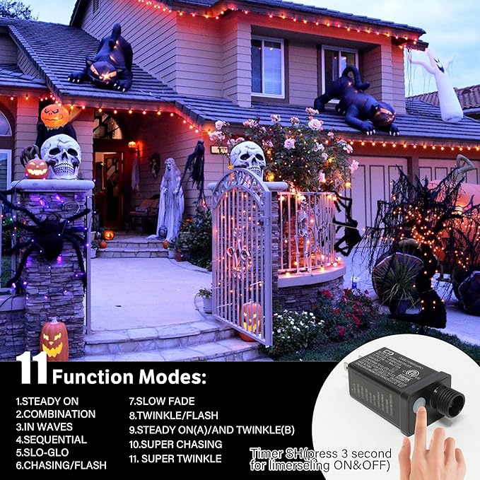 66ft Halloween Decorative Mini Lights, 200 LED Transparent Wire Fairy Starry String Lights Plug in, 11 Lighting Modes, for Halloween Decoration Outdoor Xmas Tree Party Decoration (Orange)