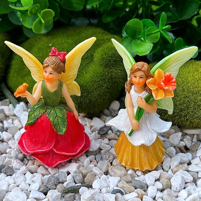 Mood Lab Fairy Garden - Miniature Fairy Figurines - Flower Girls Set of 2 pcs - Narcissus & Rose Fairies Accessories Statue Kit