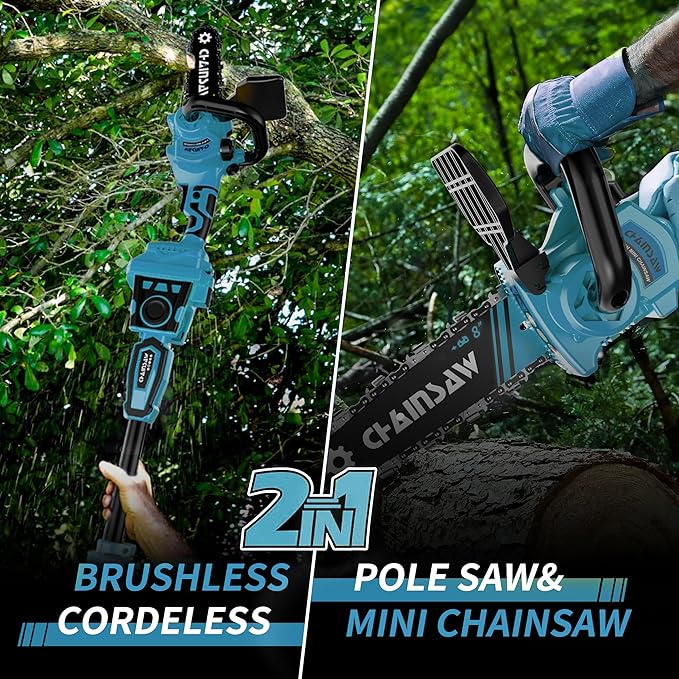 2-in-1 Cordless Pole Saw, 8 Inch Brushless Pole Chainsaws for Makita 18V Battery, 8 lb Lightweight, Auto Oiling, 14.8 FT MAX Extension Pole Saws for Tree Trimming(NO Battery)