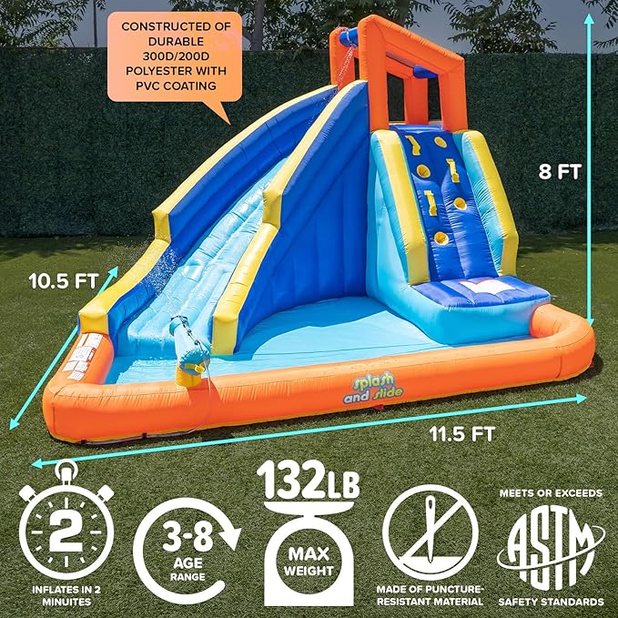 Sportspower™ Big Wave II Inflatable Water Slide Bounce House with Climbing Wall & Splash Pool, Ages 3-8, Heavy Duty, ASTM Certified, on Included Blower