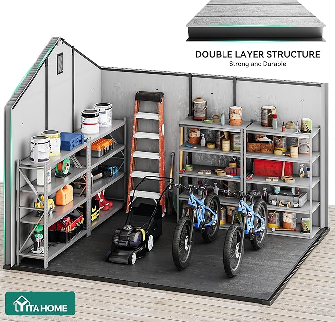 YITAHOME 8x10 FT Outdoor Storage Shed with Floor, Plastic Garden Shed for Bikes, Tools, and Pool Supplies, Outdoor Resin Shed with Lockable Doors, Windows, and Vents for Patio, Lawn, Backyard, Gray