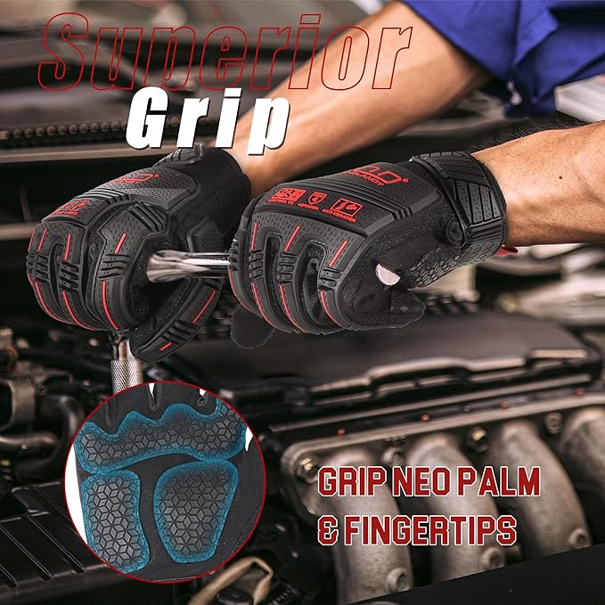 HANDLANDY Anti Vibration Gloves, SBR Padding, TPR Protector, Mechanic Work Gloves (Large, Black)