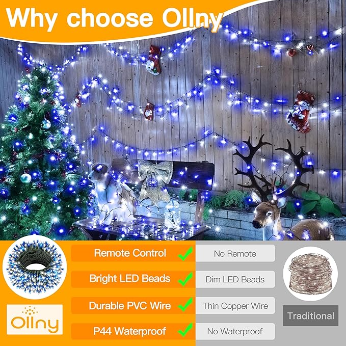 Ollny Christmas Lights Outdoor Indoor Decor, 132FT 400LED Blue & White String Lights 8 Modes Plug in Waterproof, Xmas Fairy Lights with Remote for Tree House Holiday Yard Bedroom Home Party
