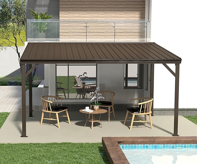 Domi 10’x12’ Lean-to Gazebo, Hardtop Wall-Mounted Gazebo Pergola with Sloping Galvanized Steel Roof and Upgraded Drainage System, Outdoor Permanent Metal Shelters for Patio Backyard Deck, Brown