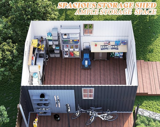 Jocisland 12x12x6.6 FT Galvanized Metal Storage Shed with Open Firewood Bay, Sliding Doors & Ramp, 2 Windows & Vents, Weather-Resistant Outdoor Tool/Garden Shed, Dark Grey/White