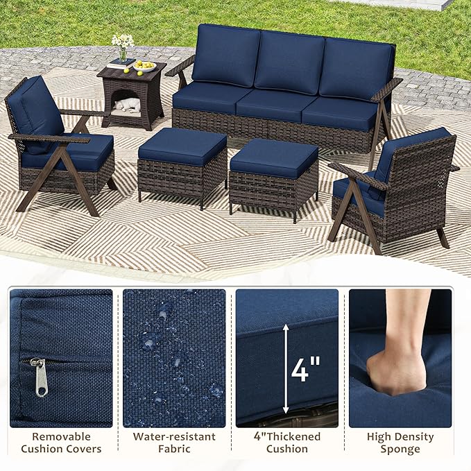 6 Piece Patio Furniture Set, Wicker Patio Conversation Set with Patio Chair and Outdoor 3-Seater Sofa and 2 Ottomans and Side Table for Deck Yard and Poolside