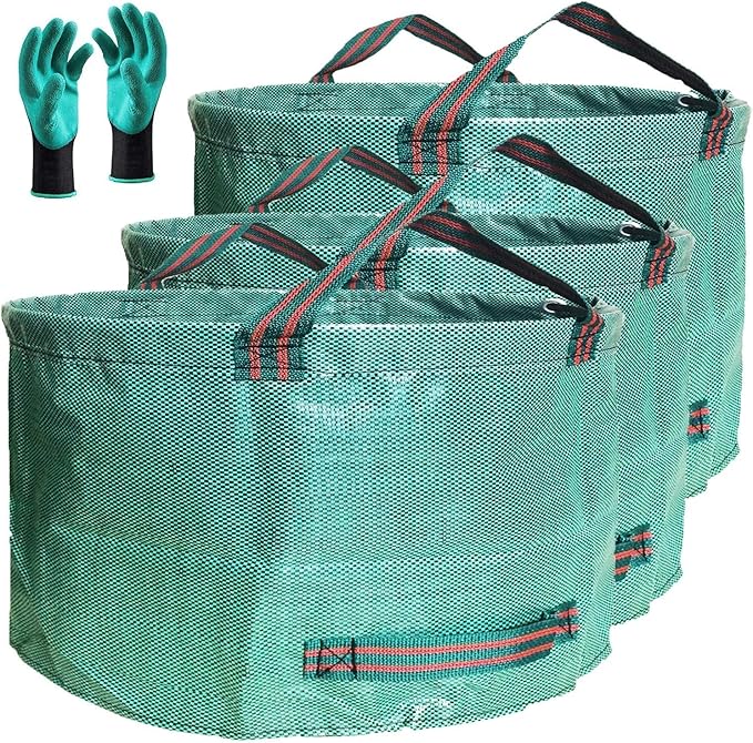 Standard 3-Pack 46 Gallon Yard Garden Bags (D26, H19 inch) with Garden Gloves, Leaf Bags,Yard Waste Bags,Recycling Bag,Camping Waste Bin,Laundry Bag,Lawn Debris,Grass Clippings,Weeds Barrel 4 Handles