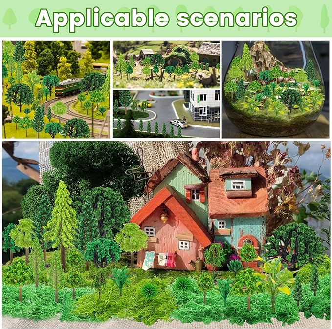 36 Pcs Green Mixed Model Trees with 40g Moss, Diorama Trees Grass Mini Fake Miniature Trees Moss for Building Model, Model Train Scenery, Natural Green Landscape, Railroad Scenery