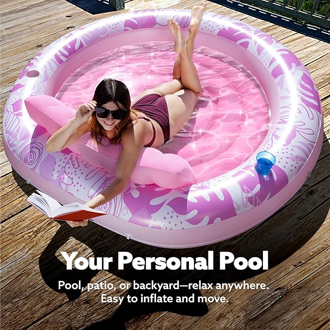 SLOOSH Inflatable Tanning Pool Lounger Float,72" x 65" Pool Floats Adult with Pillow,Luxury Fabric Large Suntan Tub Raft Floatie,Sunbathing Bed Lounge for Water Blow Up Kids Ball Pit Party Gifts,Pink